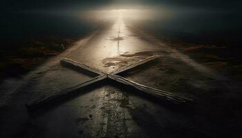 Cross of salvation illuminates spooky night sky, symbolizing eternity generated by AI photo