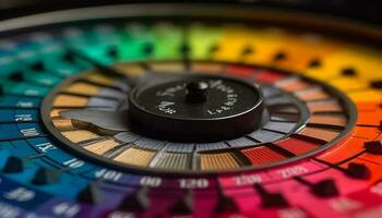 Spinning roulette wheel, multi colored chips, chance, luck, gambling industry generated by AI photo