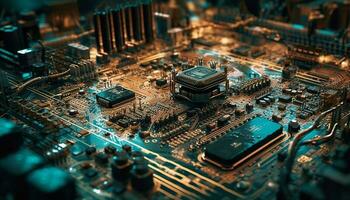 complejidad de semiconductor industria mostrado en cerca arriba de computadora chip generado por ai foto