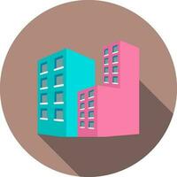 Pink and Blue Apartment Building icon on brown circle background. vector