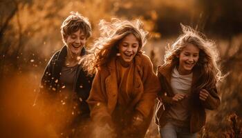 grupo de despreocupado niños disfrutando otoño al aire libre juntos generado por ai foto