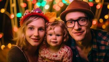 familia unión debajo iluminado Navidad árbol al aire libre generado por ai foto