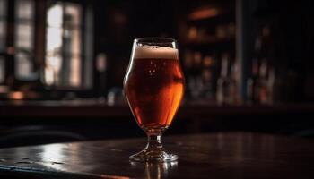 Foamy beer in pint glass on wooden table generated by AI photo