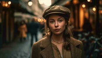 Young women walking in the city at night generated by AI photo