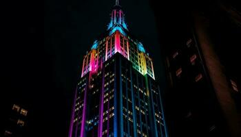 Futuristic skyscrapers illuminate the vibrant city skyline generated by AI photo