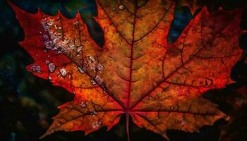 Vibrant maple leaf drops in autumn water generated by AI photo