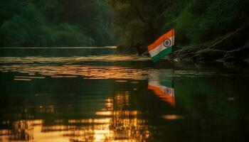 Tranquil scene of forest reflects on water generated by AI photo