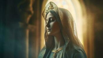 Women praying to God at Catholic statue generated by AI photo
