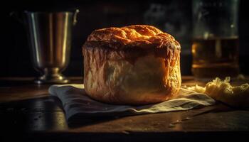 Freshly baked meat pie on rustic wooden table generated by AI photo