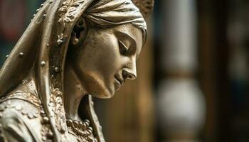 Orando mujer en cerca arriba de religioso estatua generado por ai foto