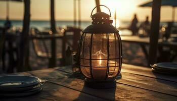 Old fashioned lantern illuminates rustic sailboat at sunset generated by AI photo