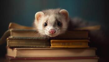 Fluffy ferret studying biology textbook indoors at night generated by AI photo