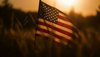 puesta de sol cielo, americano bandera, símbolo de libertad generado por ai foto