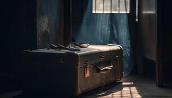 Elegant leather suitcase on old fashioned bedroom floor generated by AI photo