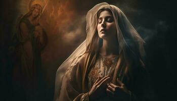 uno mujer Orando a Dios en oscuridad generado por ai foto