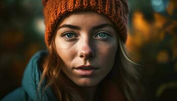 Beautiful young woman in warm knit hat generated by AI photo