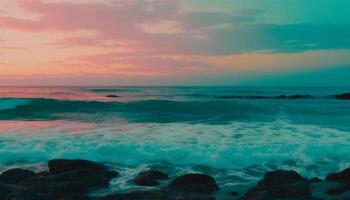 Sunset over the wet rocks, a dramatic sky generated by AI photo