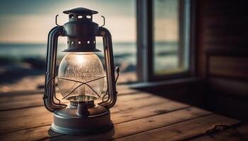 Old fashioned lantern illuminates rustic wooden table outdoors generated by AI photo