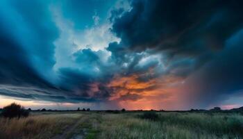 Dramatic sky over tranquil meadow at dusk generated by AI photo