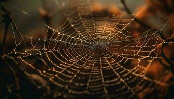 Spooky spider web traps dew drops beautifully generated by AI photo