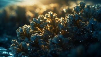 Underwater plant leaf frozen in icy water generated by AI photo