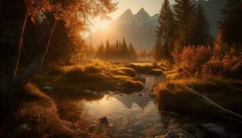 majestuoso montaña rango refleja tranquilo otoño puesta de sol generado por ai foto