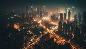 Glowing city skyline, traffic blurs in motion generated by AI photo