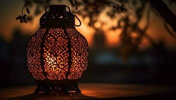 Antique lantern glowing with bright orange light generated by AI photo