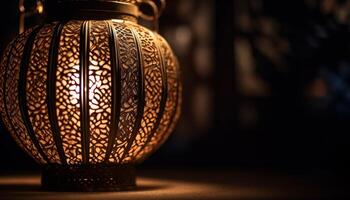 Ancient lantern illuminated rustic table, ornate decoration generated by AI photo