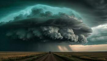 dramático cielo terminado rural granja, ominoso tormenta generado por ai foto
