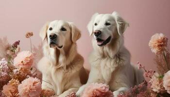 Golden retriever puppy sitting, looking at flower generated by AI photo