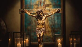 Praying men seek forgiveness at illuminated altar generated by AI photo