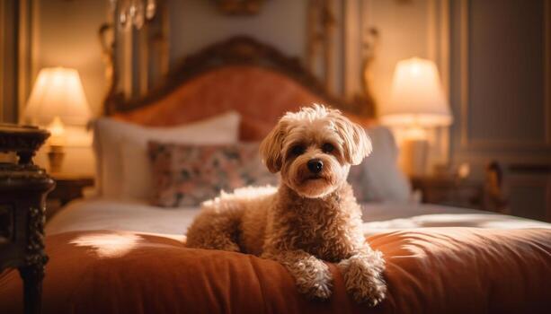 linda perrito descansando en acogedor cama adentro generado por ai foto