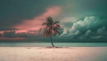 Palm trees sway in tranquil Caribbean sunset generated by AI photo