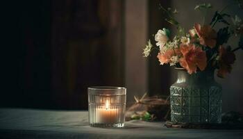 Romantic candlelight illuminates rustic home interior decor generated by AI photo