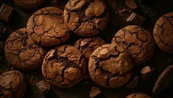 indulgente hecho en casa chocolate chip galletas en rústico de madera mesa generado por ai foto