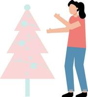 el niña es en pie por el Navidad árbol. vector