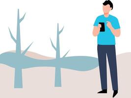 The boy is standing in the forest. vector