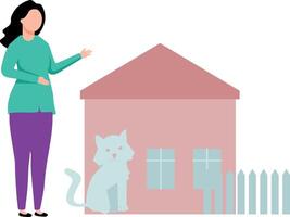 A girl and a cat are standing outside a house. vector