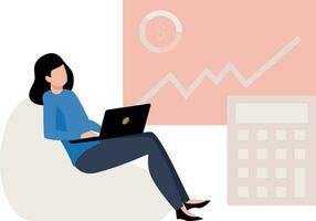 Girl working on finance on laptop. vector