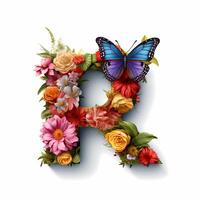 el capital letra r es hecho de flores y mariposas, flores envuelto carta, floral carta, ai generado foto