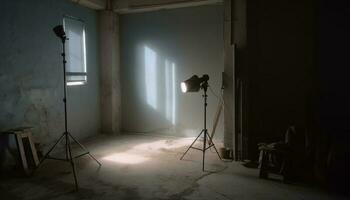 moderno estudio equipo ilumina oscuro actuación espacio para fotografía disparar generado por ai foto