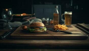 Grilled cheeseburger and fries on rustic wood table at pub generated by AI photo