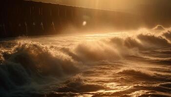 puesta de sol terminado el mojado marina, olas salpicaduras generado por ai foto