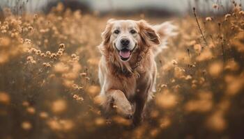 linda perrito corriendo en prado, disfrutando naturaleza generado por ai foto