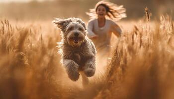 Terrier puppy running in grass, pure joy generated by AI photo