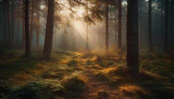 Mysterious forest in autumn, beauty in nature generated by AI photo