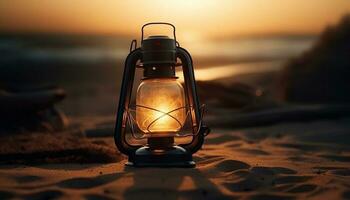 Glowing antique lantern illuminates tranquil summer sunset scene generated by AI photo