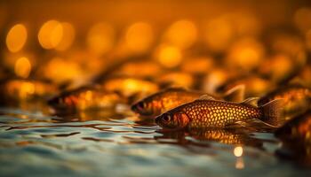 dorado pescado nada en tranquilo azul estanque generado por ai foto