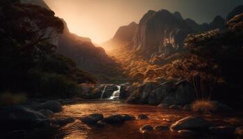 Majestic mountain peak, tranquil sunset, flowing water generated by AI photo